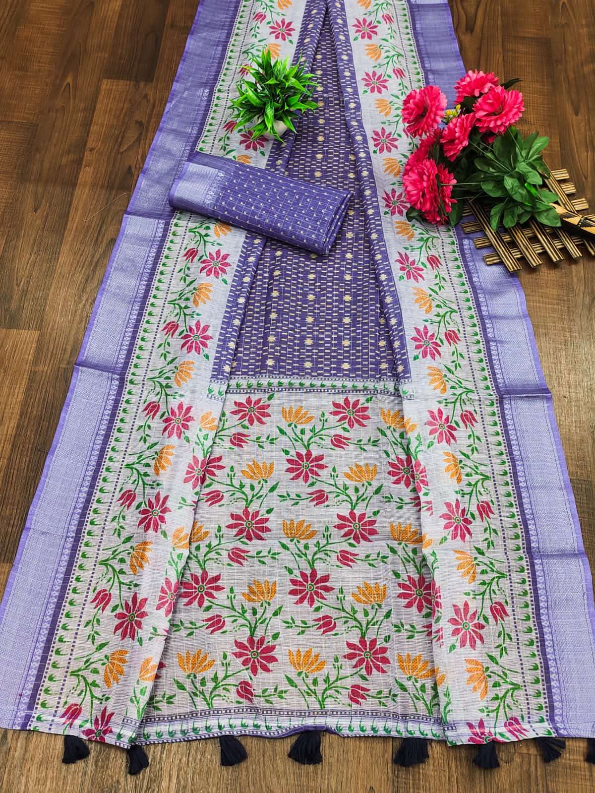 Soft cotton Checks linen fabric Saree With block Print In regular wear Saree wholesale in surat vrinda Soft cotton Checks linen fabric Saree With block Print In regular wear Saree wholesale in surat vrinda